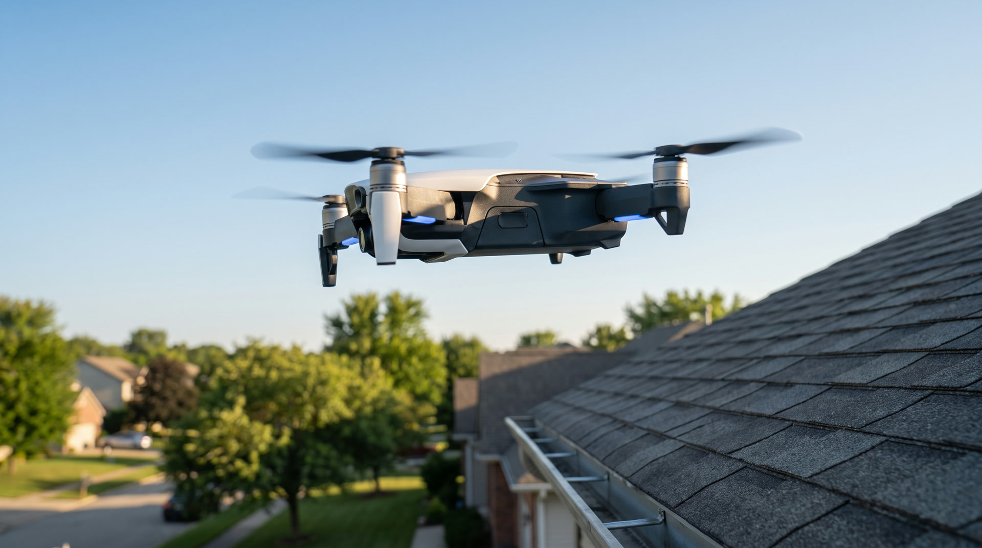 A camera drone flying over a quiet suburban street on a clear day